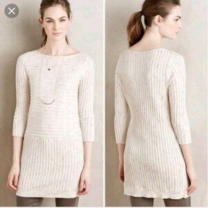Anthropologie Moth Ivory Ribbed Sweater Tunic Boat Neck Cotton Blend Medium